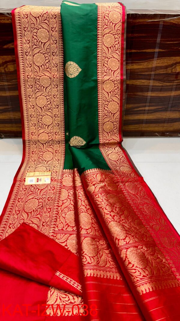 Dark Green And Red Border Banarasee Pure Handloom Khaddi Silk Saree