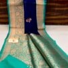 Deep Blue And Firauzi Border Banarasee Pure Handloom Khaddi Silk Saree