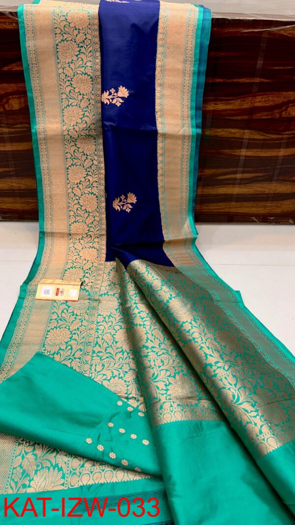 Deep Blue And Firauzi Border Banarasee Pure Handloom Khaddi Silk Saree