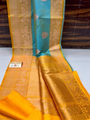 Aqua Blue And Golden Yellow Border Banarasee Pure Handloom Khaddi Silk Saree