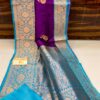 Deep Purple And Aqua Blue Border Banarasee Pure Handloom Khaddi Silk Saree