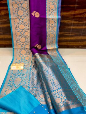 Deep Purple And Aqua Blue Border Banarasee Pure Handloom Khaddi Silk Saree