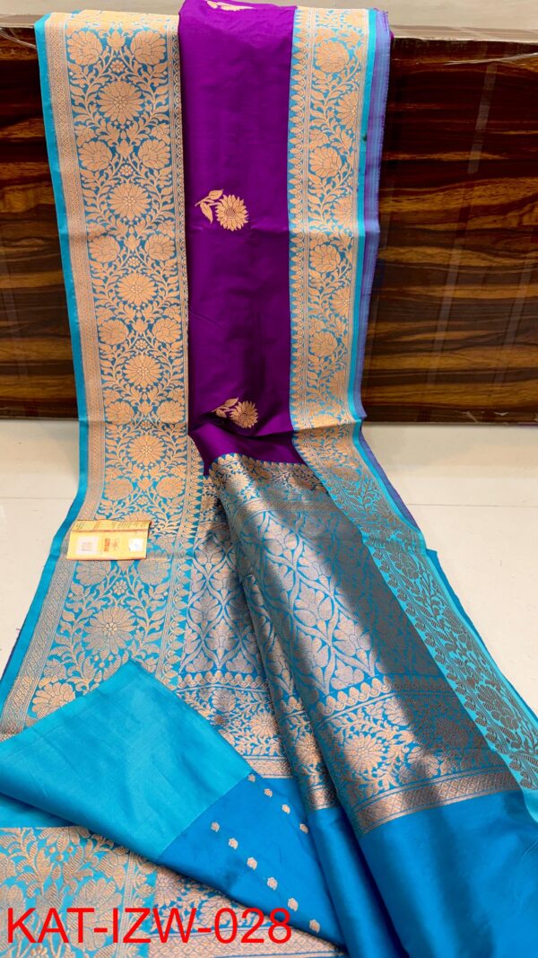 Deep Purple And Aqua Blue Border Banarasee Pure Handloom Khaddi Silk Saree