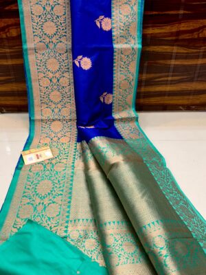 Deep Blue And Aqua Blue Border Banarasee Pure Handloom Khaddi Silk Saree