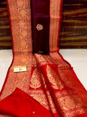 Wine Red And Red Border Banarasee Pure Handloom Khaddi Silk Saree