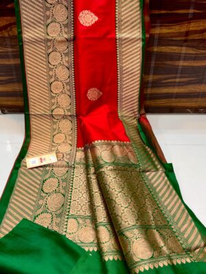 Red And Green Border Banarasee Pure Handloom Khaddi Silk Saree