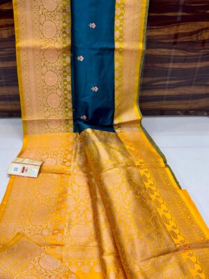 Dark Blue And Golden Yellow Border Banarasee Pure Handloom Khaddi Silk Saree