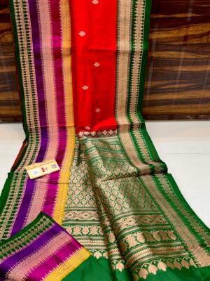 Light Orange And Green Purple Maroon Border Banarasee Pure Handloom Khaddi Silk Saree