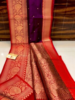 Dark Purple And Dark Red Border Banarasee Pure Handloom Khaddi Silk Saree
