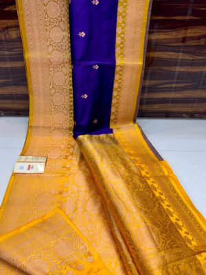 Blue And Golden Yellow Border Banarasee Pure Handloom Khaddi Silk Saree