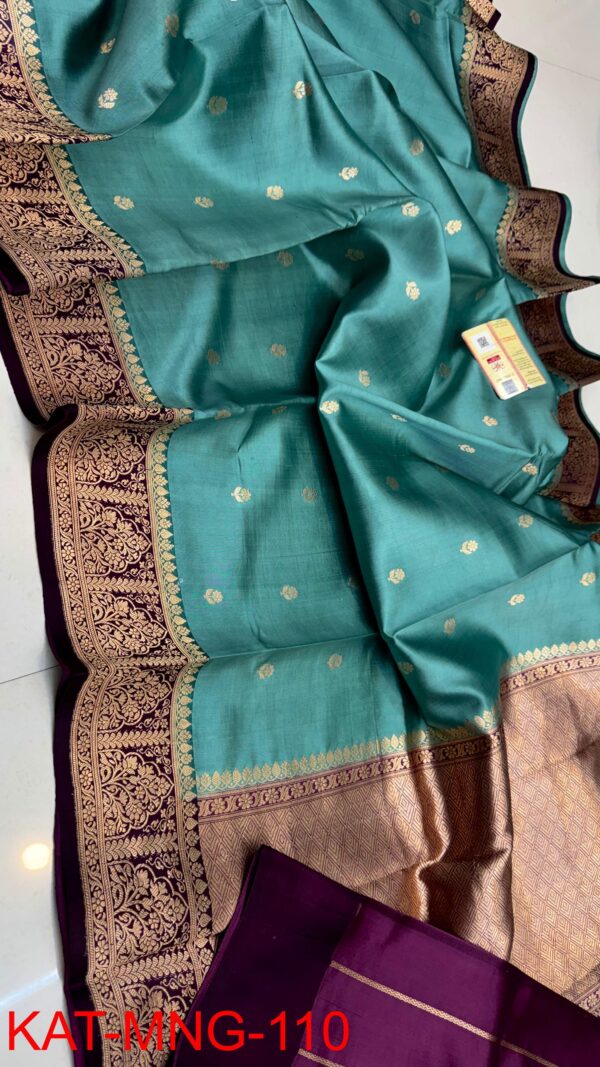 Teal Blue And Purple Border Pure Raw Mango Silk Saree