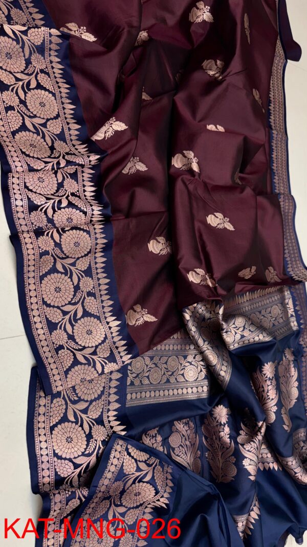 Dark Brown And Navy Blue Pure Raw Mango Silk Saree