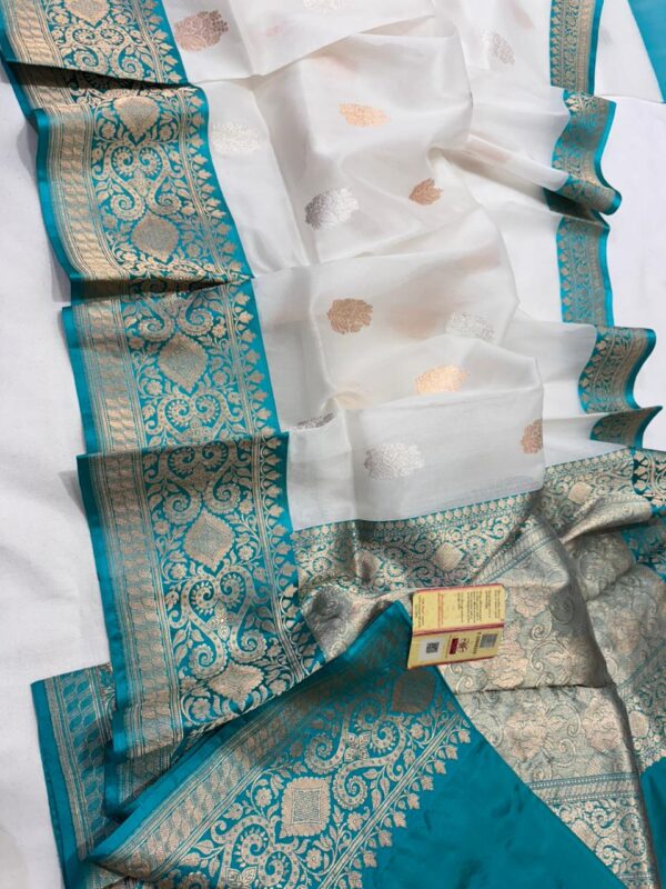 White And Teal Blue Border Exclusive Mashru Border Kora Banarasi Silk Saree