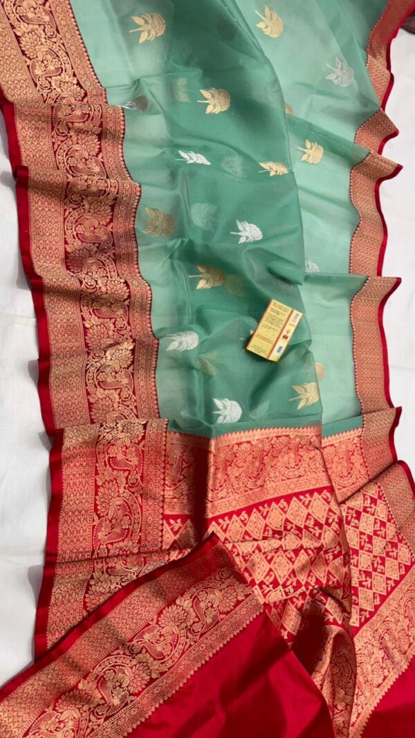 Light Mint Green And Red Border Exclusive Mashru Border Kora Banarasi Silk Saree