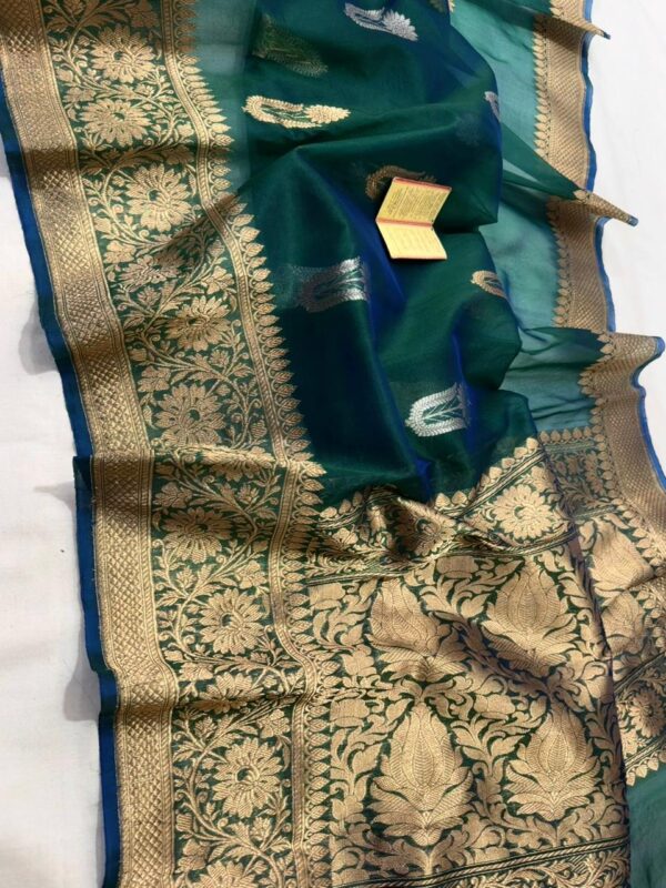 Dark Green Exclusive Mashru Border Kora Banarasi Silk Saree