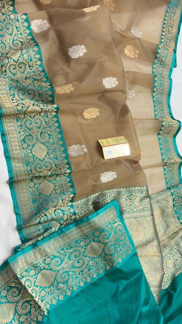 Light Brown And Turquoise Border Exclusive Mashru Border Kora Banarasi Silk Saree