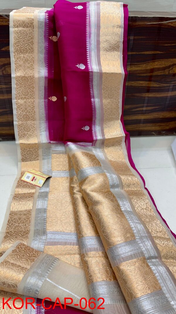 Bright Pink And White Cream Border Exclusive Kora Banarasi Saree