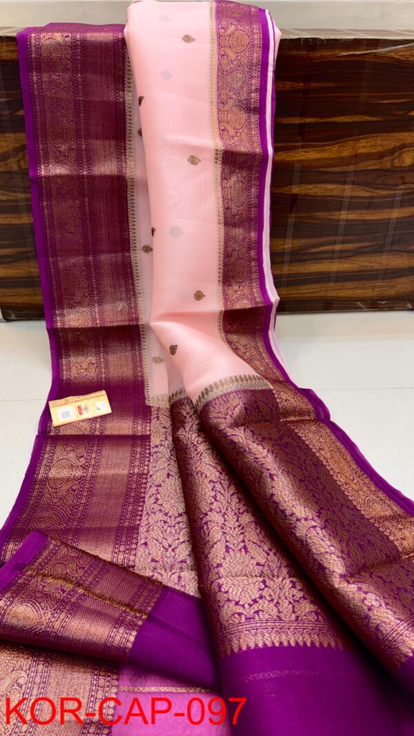 Light Pink And Dark Purple Border Exclusive Kora Banarasi Saree