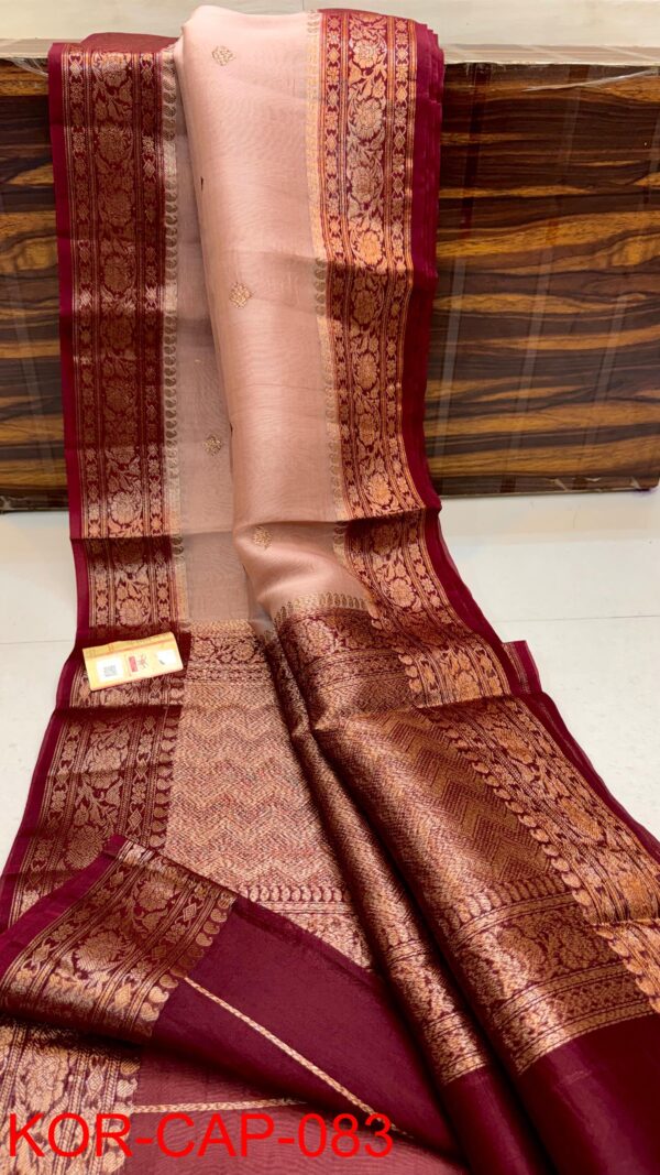 Light Peach And Deep Maroon Border Exclusive Kora Banarasi Saree