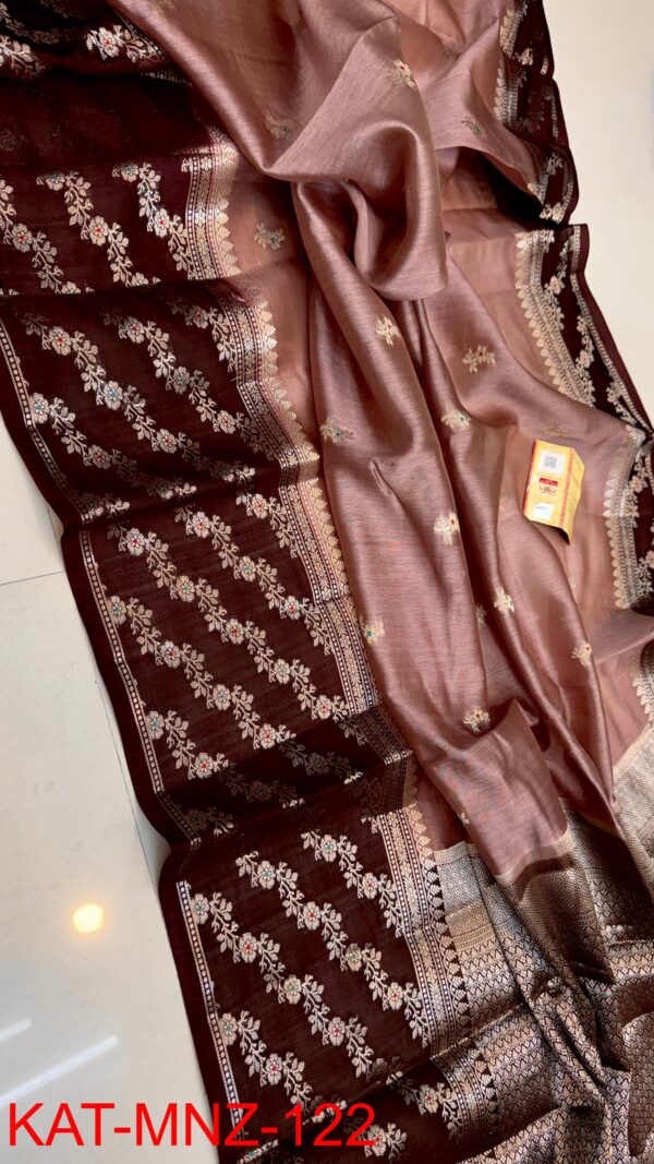 Rose Gold And Deep Chocolate Brown Border MNZ Pure Raw Mango Silk Saree with Rich Weaving