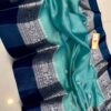 Teal Blue And Deep Navy Blue Border MNZ Pure Raw Mango Silk Saree with Rich Weaving