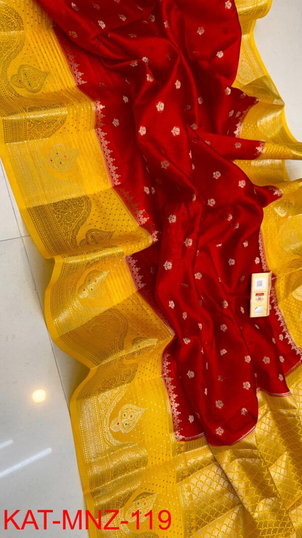 Red And Yellow Border MNZ Pure Raw Mango Silk Saree with Rich Weaving