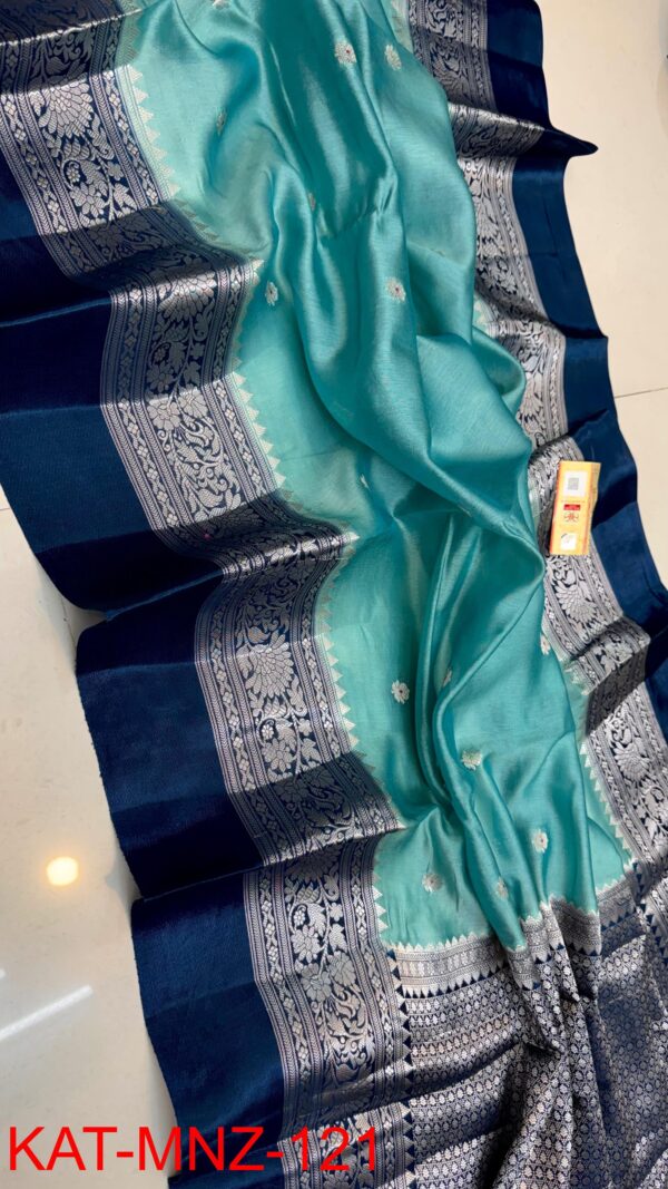 Teal Blue And Deep Navy Blue Border MNZ Pure Raw Mango Silk Saree with Rich Weaving