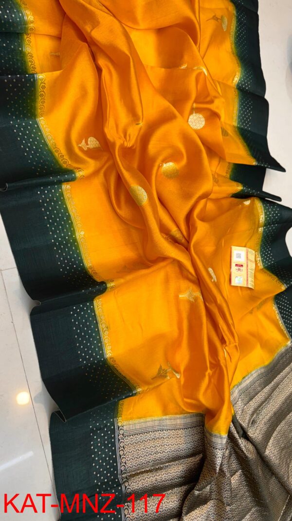 Saffron Yellow And Deep Bottle Green Border MNZ Pure Raw Mango Silk Saree with Rich Weaving
