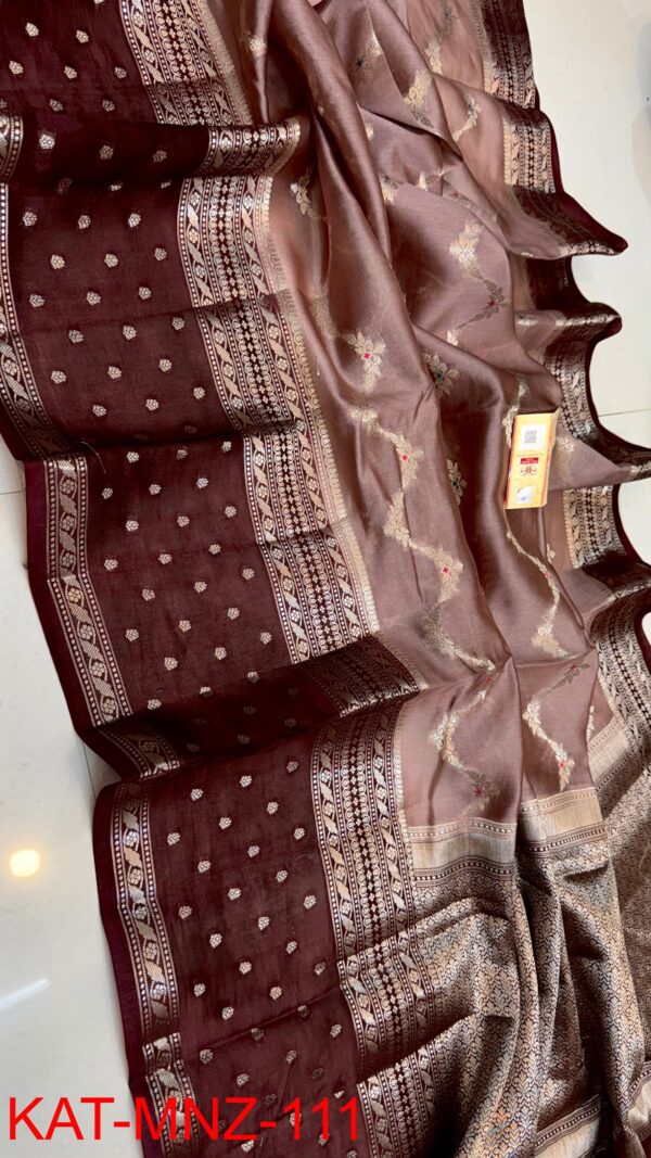 Maroon And Light Brown Border MNZ Pure Raw Mango Silk Saree with Rich Weaving