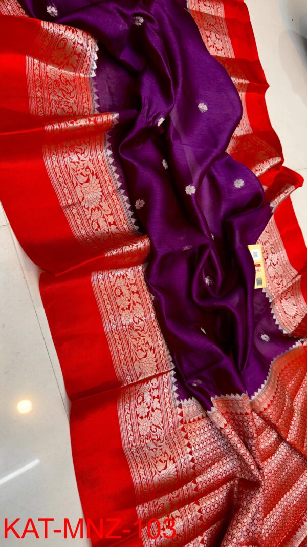 Purple And Red Border MNZ Pure Raw Mango Silk Saree with Rich Weaving