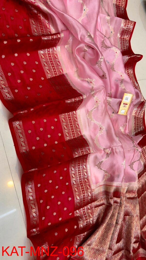 Light Pink And Red Border MNZ Pure Raw Mango Silk Saree with Rich Weaving