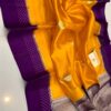 Bright Yellow And Deep Purple Border MNZ Pure Raw Mango Silk Saree with Rich Weaving