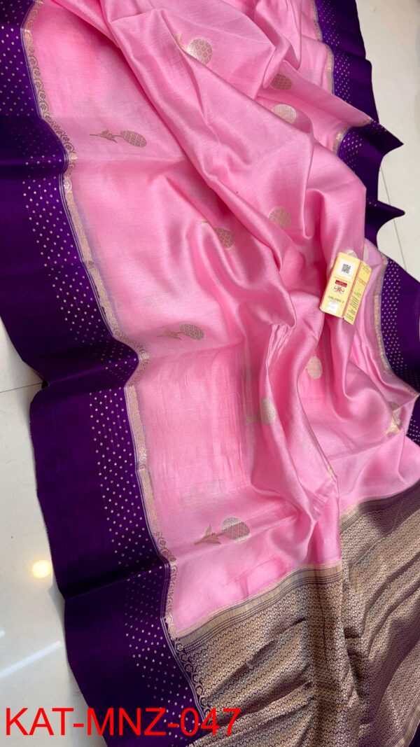 Light Pink And Deep Purple Border MNZ Pure Raw Mango Silk Saree with Rich Weaving