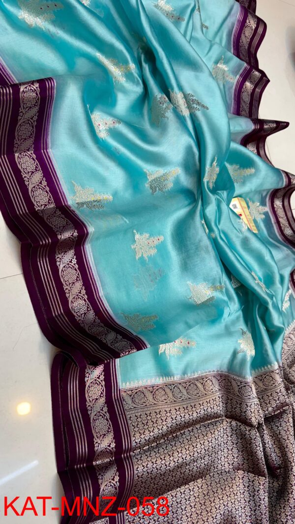 Teal Blue And Deep Purple Border MNZ Pure Raw Mango Silk Saree with Rich Weaving