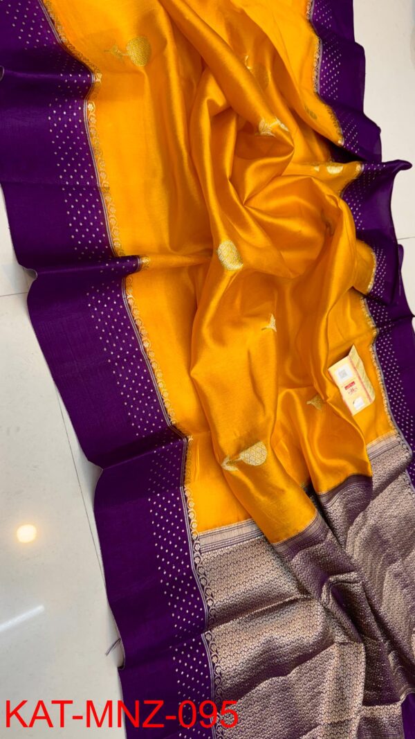 Bright Yellow And Deep Purple Border MNZ Pure Raw Mango Silk Saree with Rich Weaving