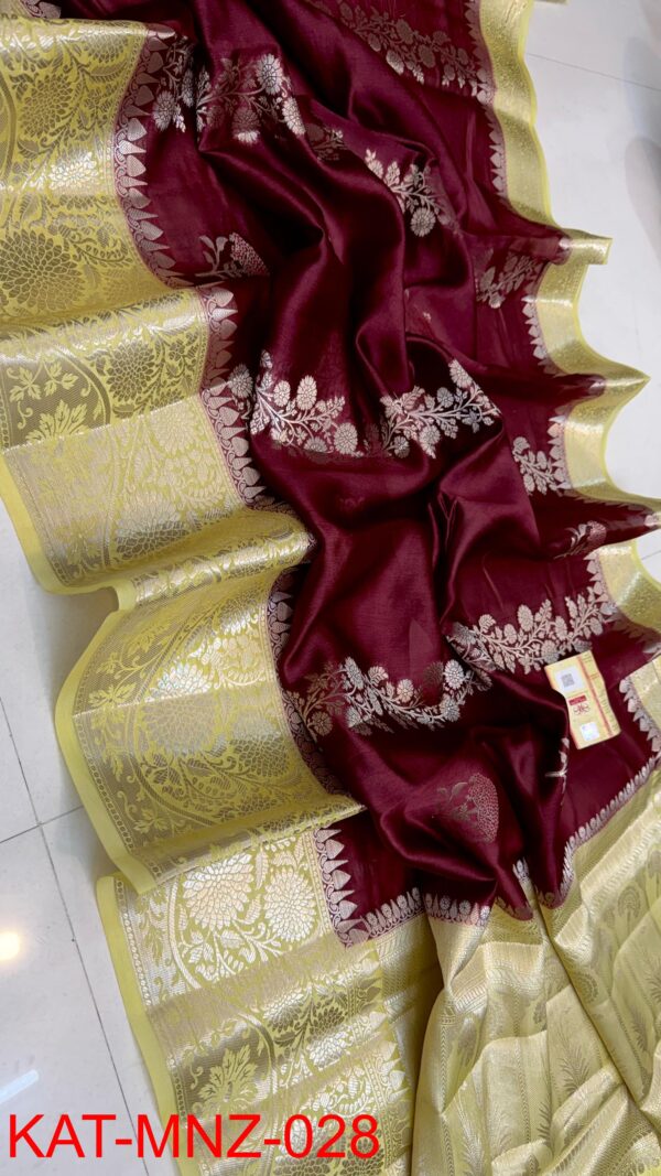 Deep Maroon And Golden Yellow Border MNZ Pure Raw Mango Silk Saree with Rich Weaving