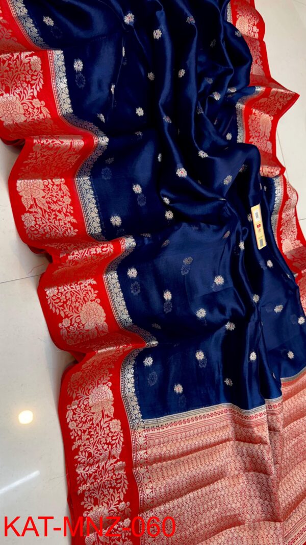 Deep Blue And Red Border MNZ Pure Raw Mango Silk Saree with Rich Weaving