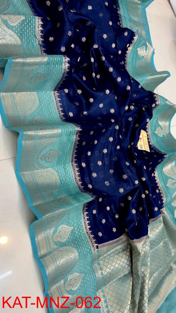 Deep Blue And Turquoise Border MNZ Pure Raw Mango Silk Saree with Rich Weaving