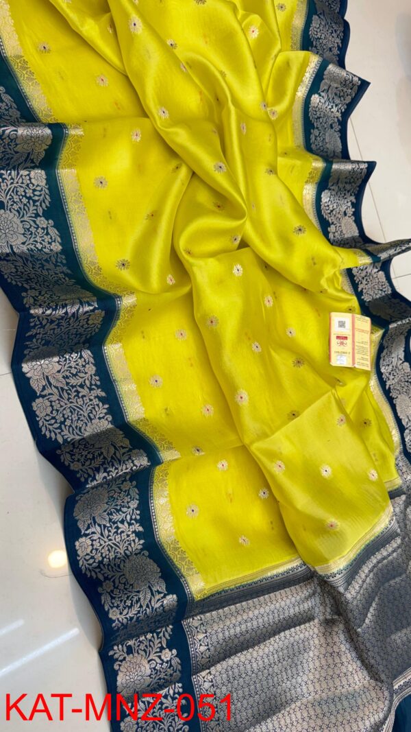 Lemon Yellow And Deep Blue Border MNZ Pure Raw Mango Silk Saree with Rich Weaving