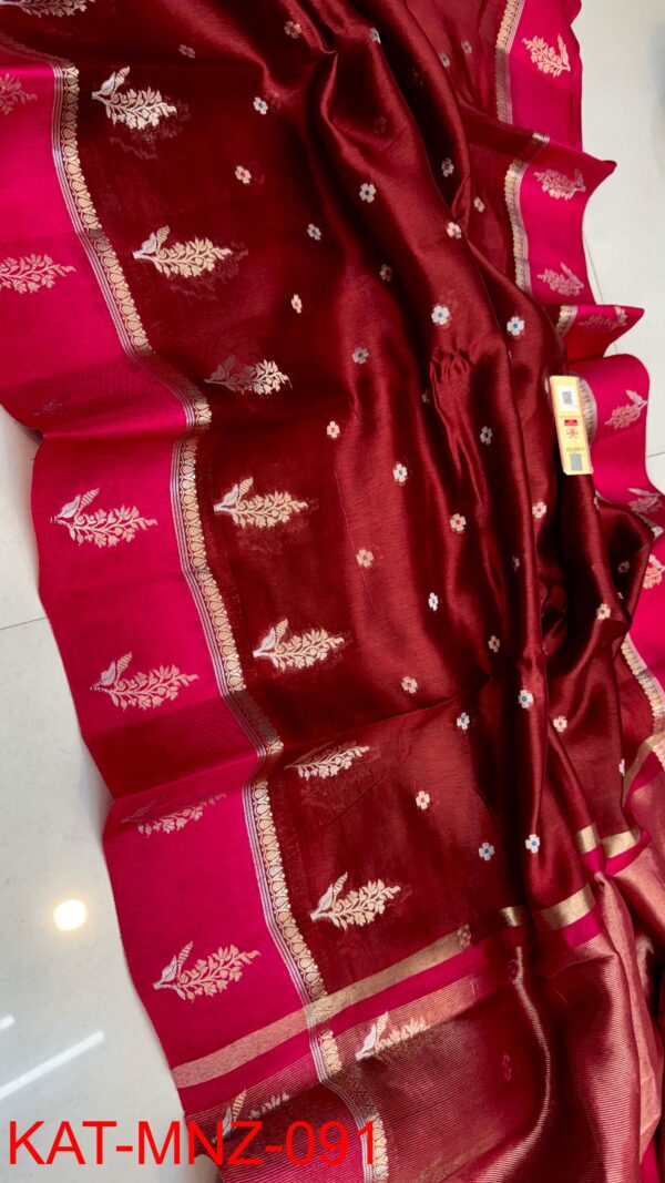 Deep Maroon And Bright Pink Border MNZ Pure Raw Mango Silk Saree with Rich Weaving