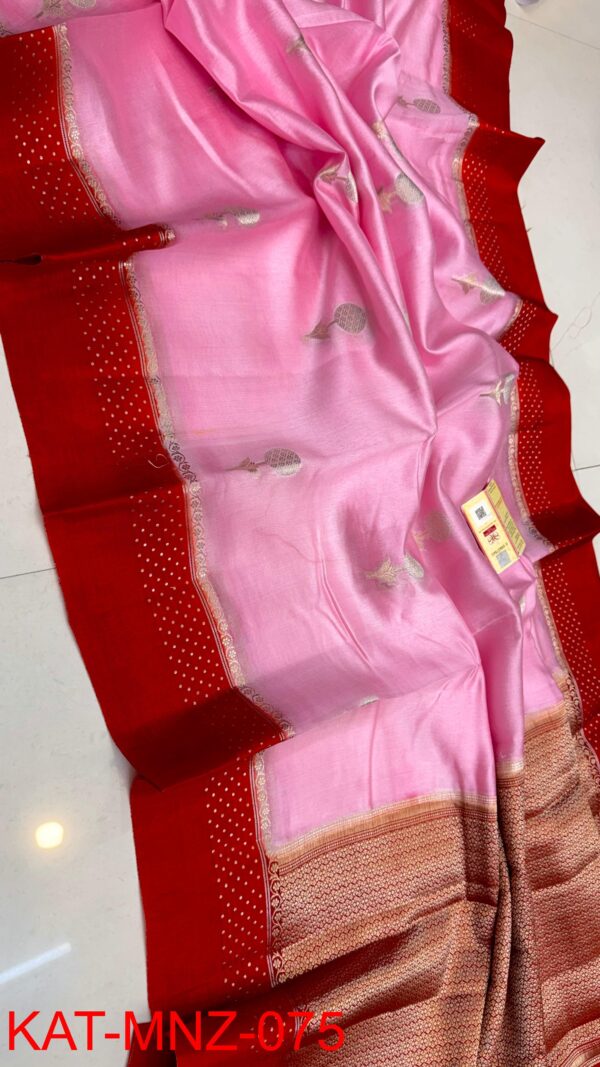 Light Pink And Red Brown Border MNZ Pure Raw Mango Silk Saree with Rich Weaving