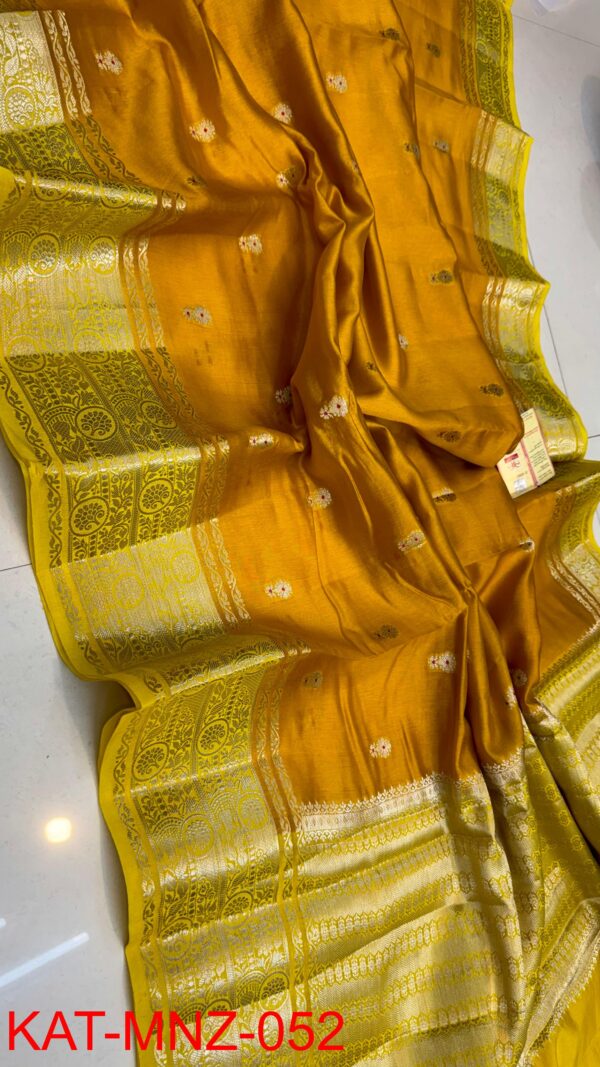 Deep Yellow And Golden Yellow Border MNZ Pure Raw Mango Silk Saree with Rich Weaving
