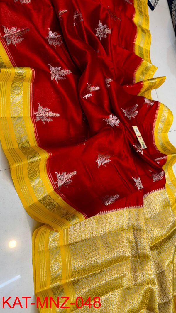 Deep Red And Bright Yellow Border MNZ Pure Raw Mango Silk Saree with Rich Weaving