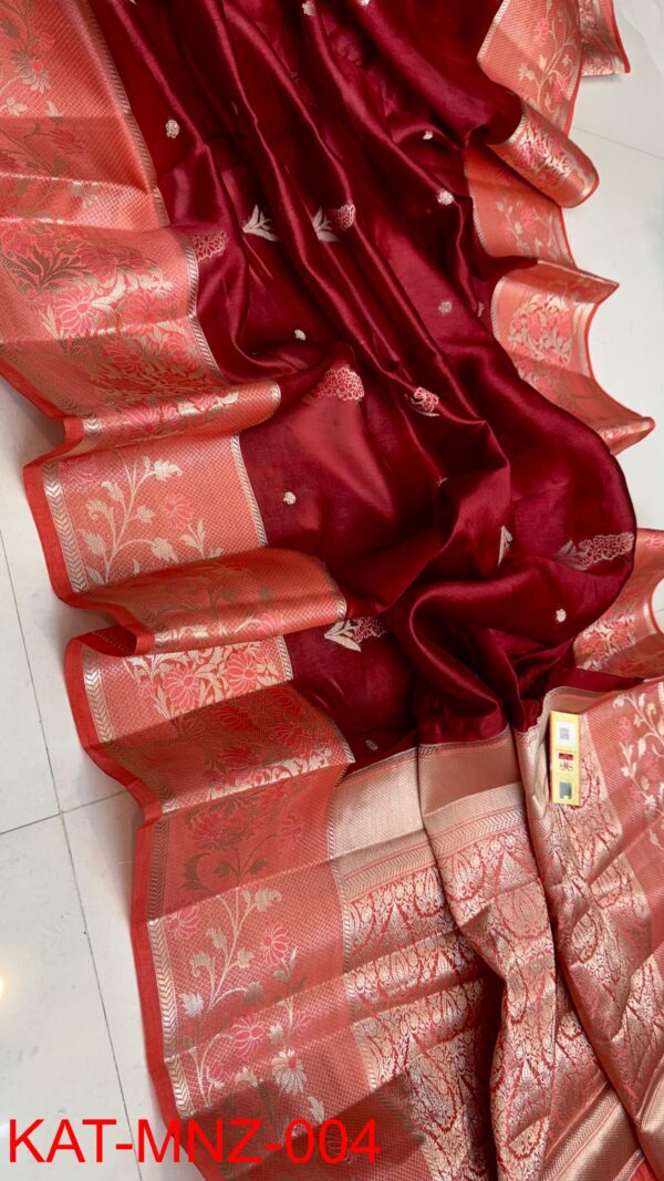 Maroon And Pink-Peach Border MNZ Pure Raw Mango Silk Saree with Rich Weaving