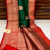 Deep Green And Red Border IZA Pure Handloom Katan Silk Saree with Pure Antique Zari