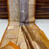 Grey And Mustard Yellow Border IZA Pure Handloom Katan Silk Saree with Pure Antique Zari
