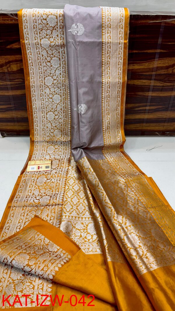 Grey And Mustard Yellow Border IZA Pure Handloom Katan Silk Saree with Pure Antique Zari