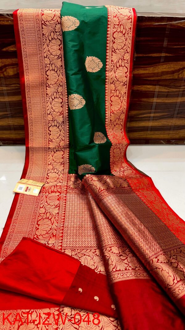 Deep Green And Red Border IZA Pure Handloom Katan Silk Saree with Pure Antique Zari