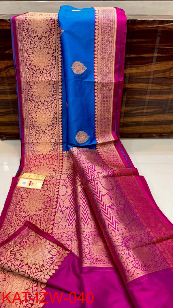 Royal Blue And Rani Pink Border IZA Pure Handloom Katan Silk Saree with Pure Antique Zari