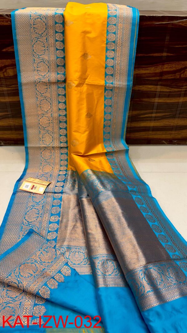 Yellow And Aqua Blue Border IZA Pure Handloom Katan Silk Saree with Pure Antique Zari